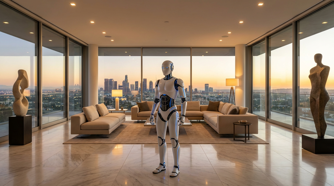 Robot humanoïde dans un intérieur luxueux moderne